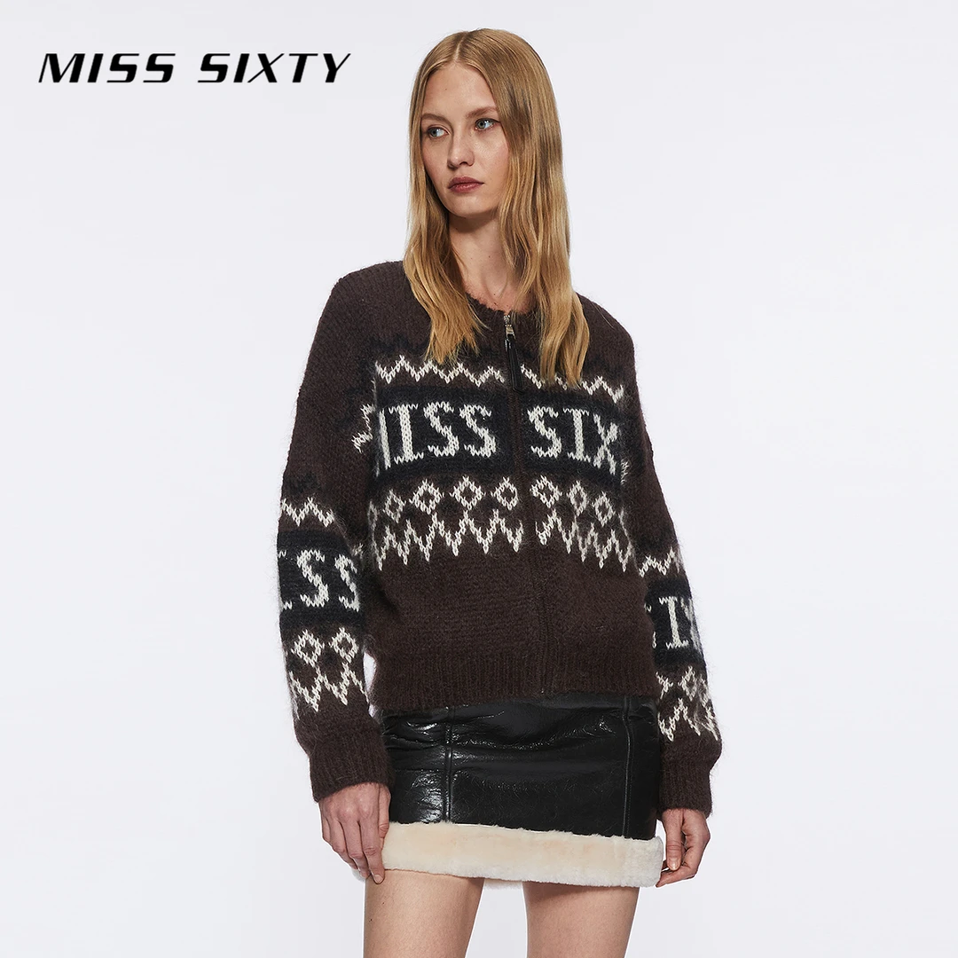 Miss Sixty冬季新款针织外套女圆领复古撞色提花短款开衫外