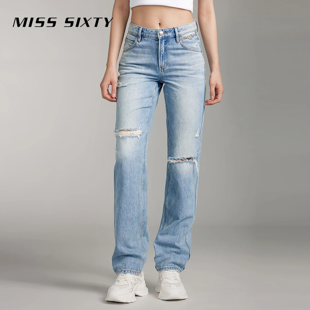 【陈嘉尔专属】【进口牛仔面料】MissSixty夏季新款牛仔裤破洞直筒钻