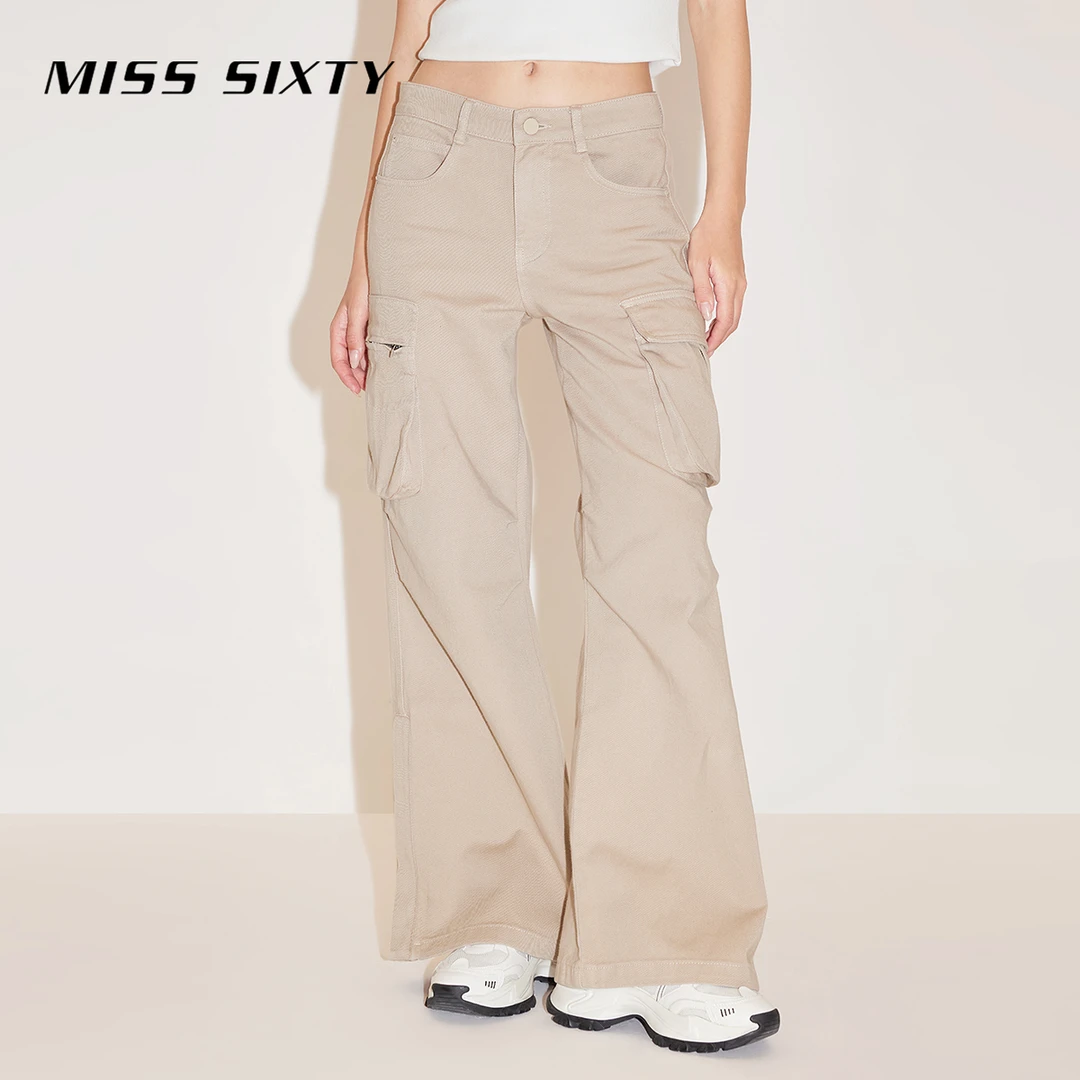 Miss Sixty新款牛仔裤女卡其色工装风开衩微喇裤风感波粒