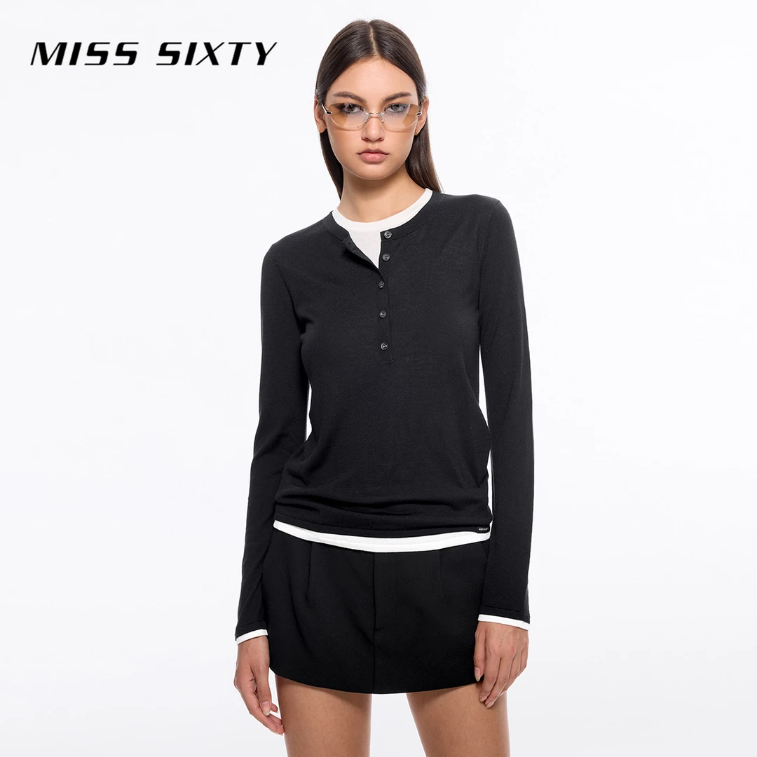 【赵老板专属】Miss Sixty桑蚕丝针织衫圆领修身假两件三明治叠0210