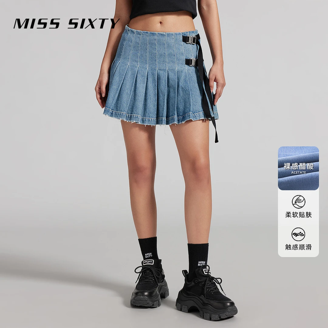 MissSixty夏季新款含醋酸牛仔半裙女甜酷A字百褶短裙尤莱特