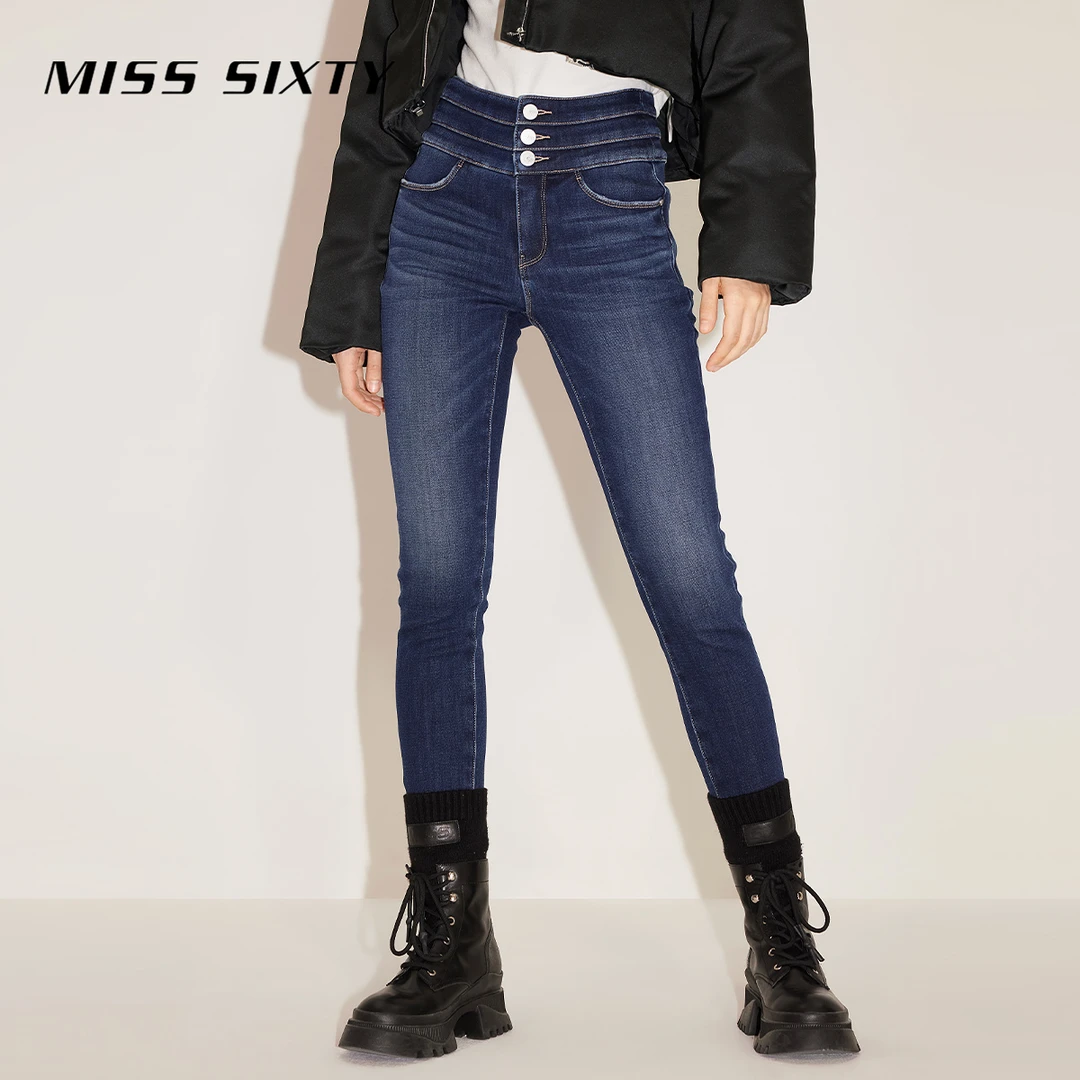 Miss Sixty新款牛仔裤女三环高腰修身小脚铅笔裤显瘦保暖