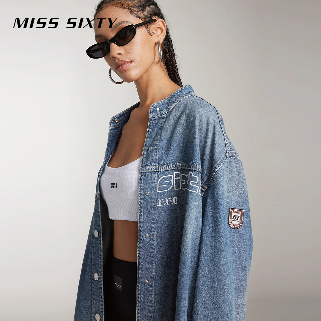 Miss Sixty牛仔衬衫女长袖宽松中长款复古赛车风印花
