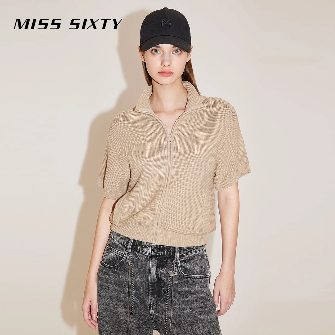 Miss Sixty春季新款毛织外套女复古拉链翻领口袋短袖尤莱特