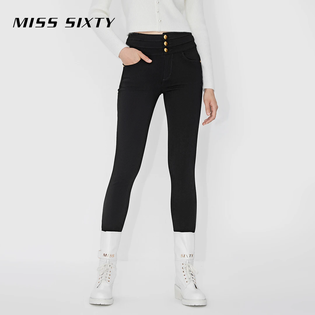 Miss Sixty春季新款牛仔裤女三环高腰水洗修身小黑裤尤莱特