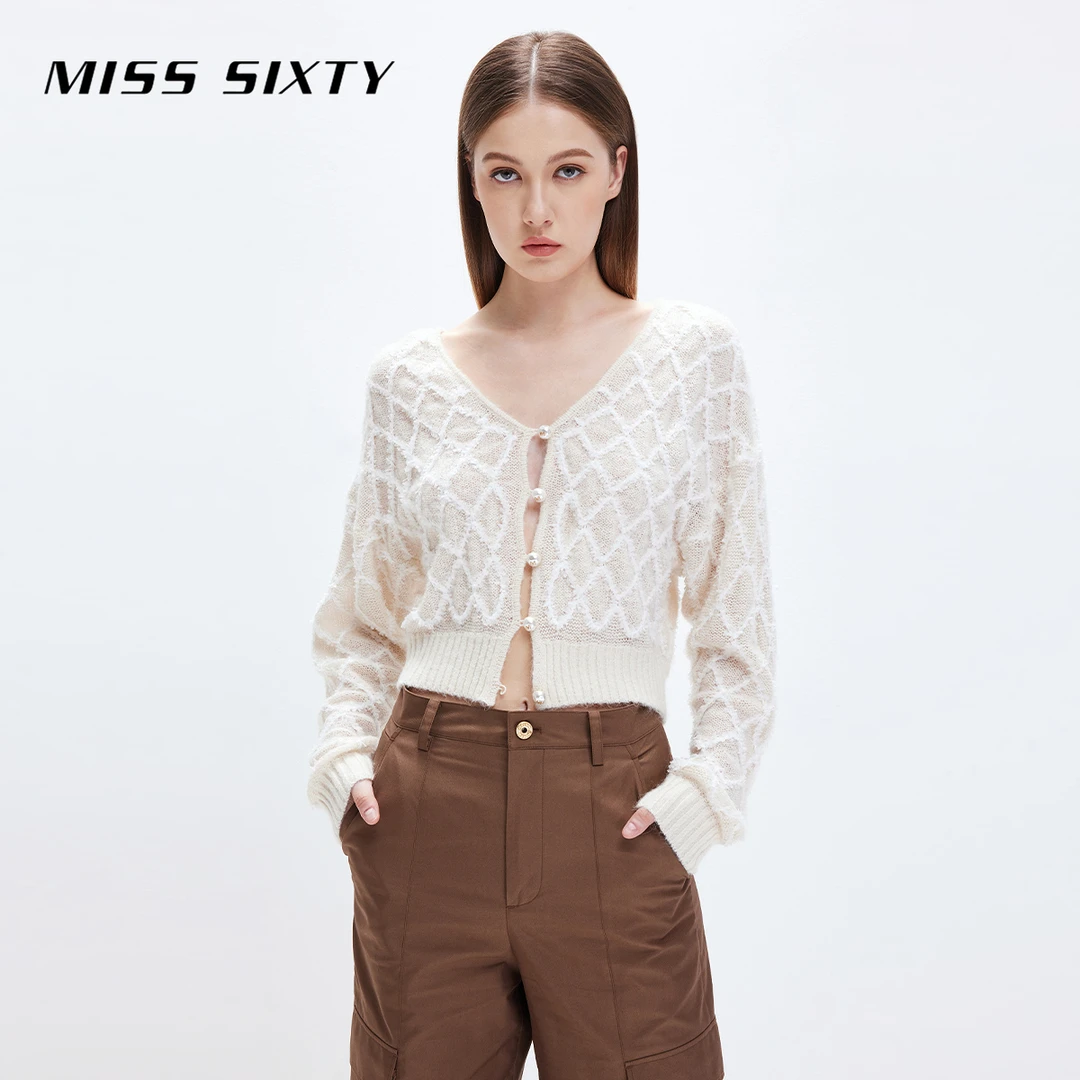 Miss Sixty秋新款毛针织衫女V领开衫短款羊毛混纺气质新年24K穿搭