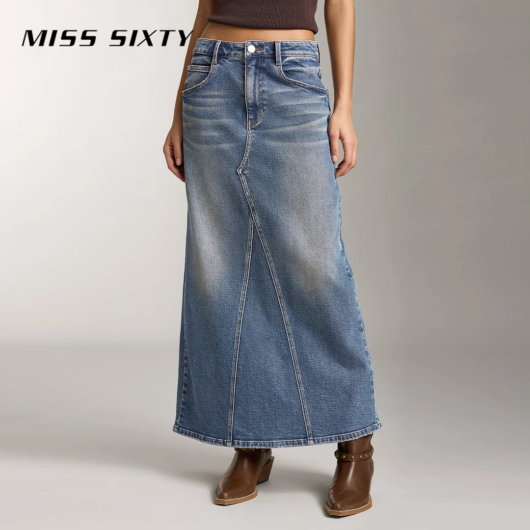 【进口牛仔面料】Miss Sixty秋季新款牛仔长裙女美式复古风开衩