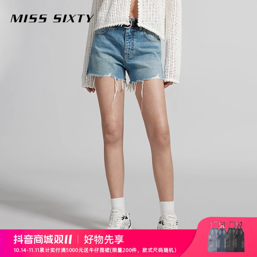 MissSixty2024夏季新款牛仔短裤女高腰个性磨破拉须浅色尤莱特