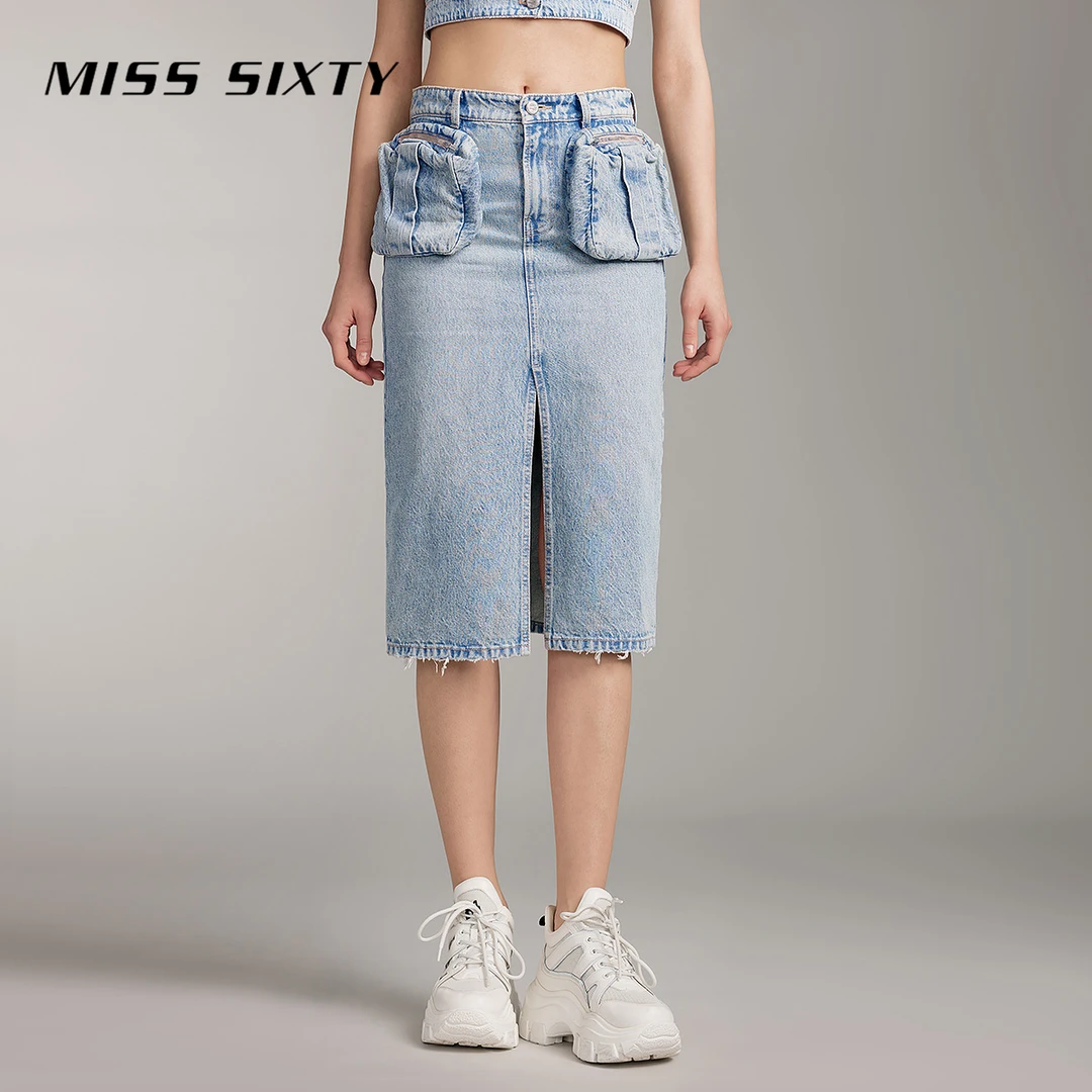MissSixty夏季新款牛仔半裙女开衩口袋工装裙尤莱特