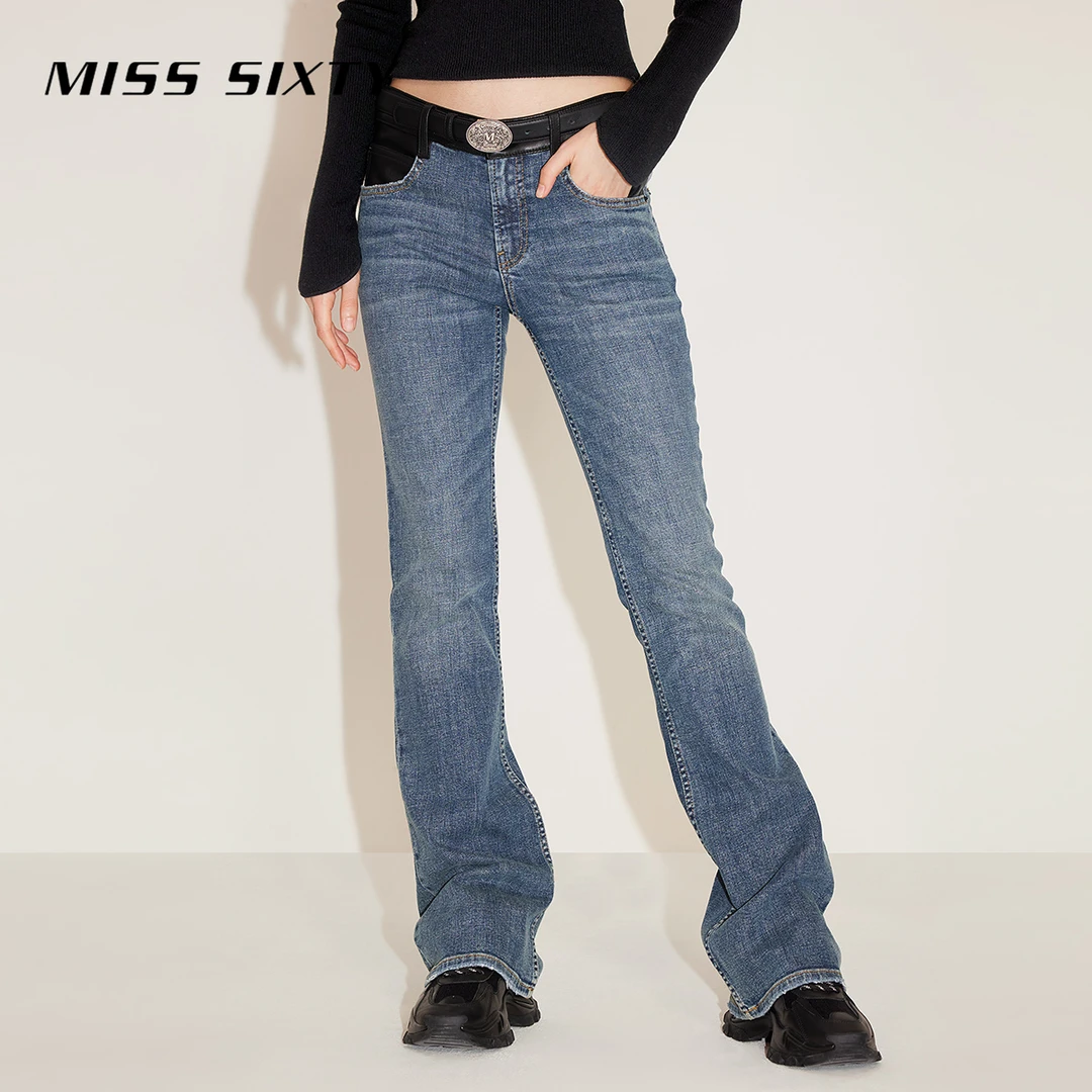 【白姐专属】Miss Sixty牛仔裤中腰复古拼接皮质修身微喇7542