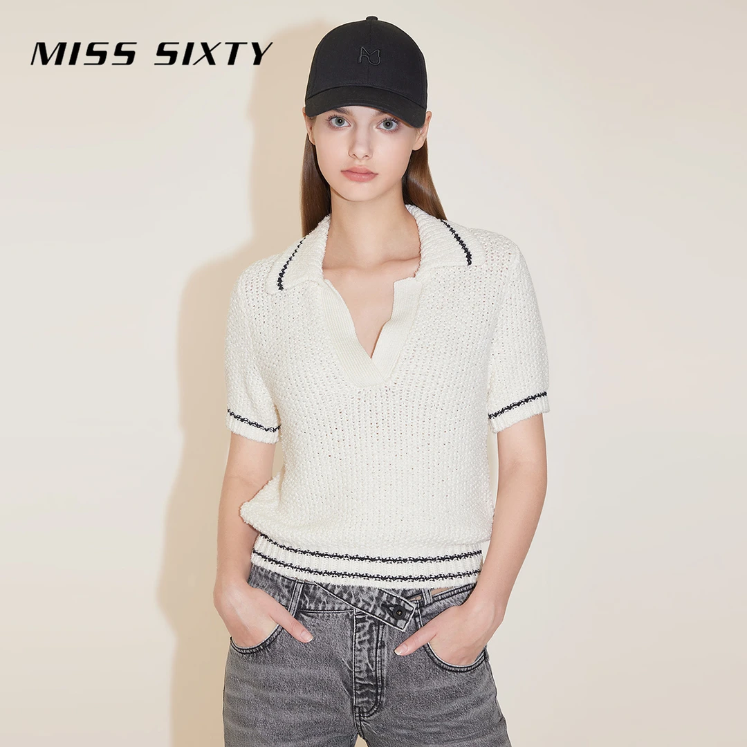 Miss Sixty春季新款天丝麻棉针织衫女法式Polo气质翻领高级感