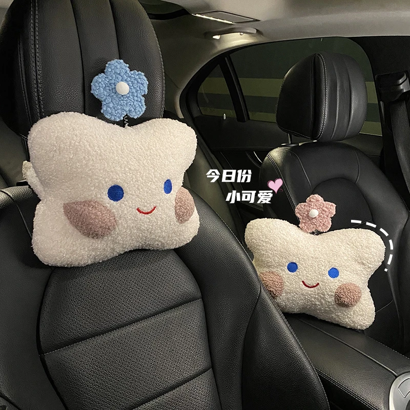 汽车头枕护颈枕一对小花毛绒卡通女司机创意靠头羊羔绒靠枕防歪脖