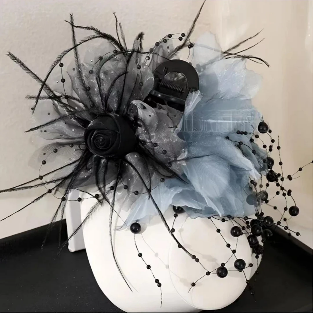 韩式气质百搭渐变玫瑰超仙花朵羽毛抓夹A04