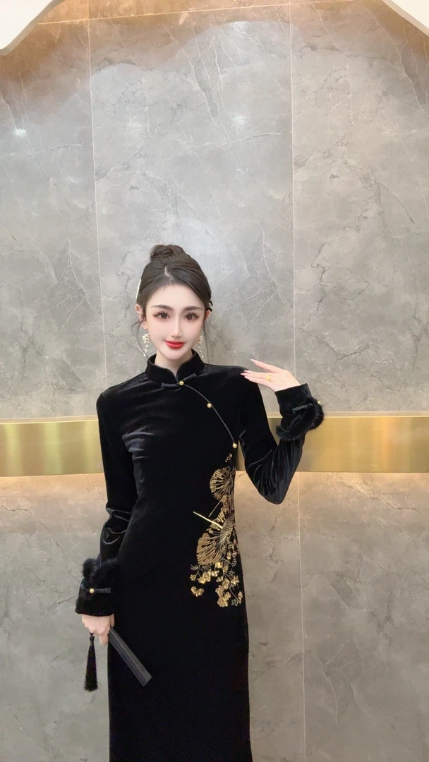 3286新国潮金丝扇亮片连衣裙