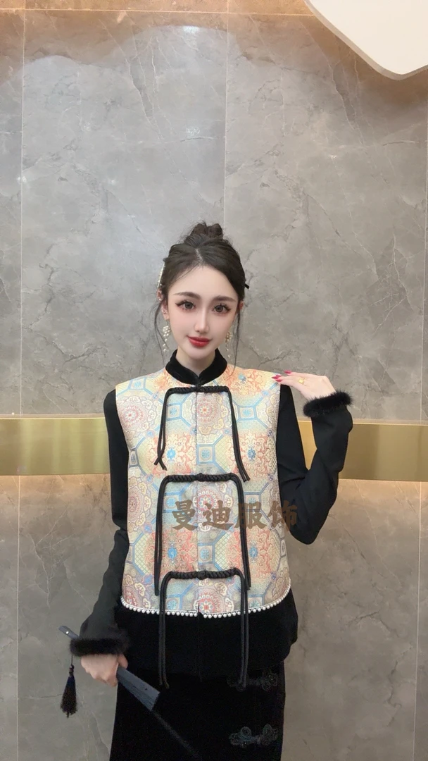 3164新国潮提花锦缎飘带珍珠马甲