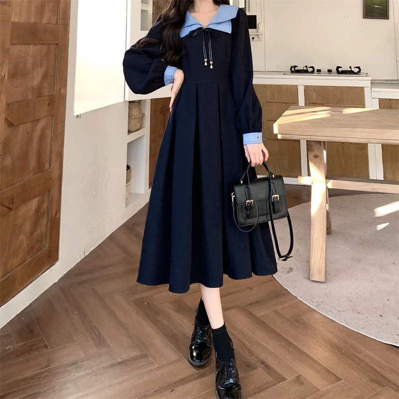 1808法式复古长袖双层领学院风连衣裙气质百搭减龄洋气中长a字裙