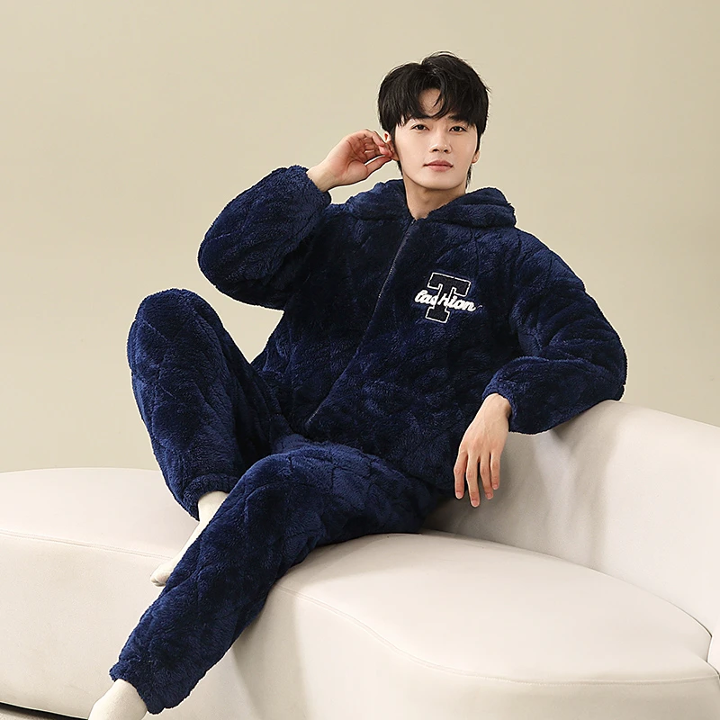 高级感家居服套装冬季加绒加厚2024新款秋冬款超厚北方抗寒睡衣男