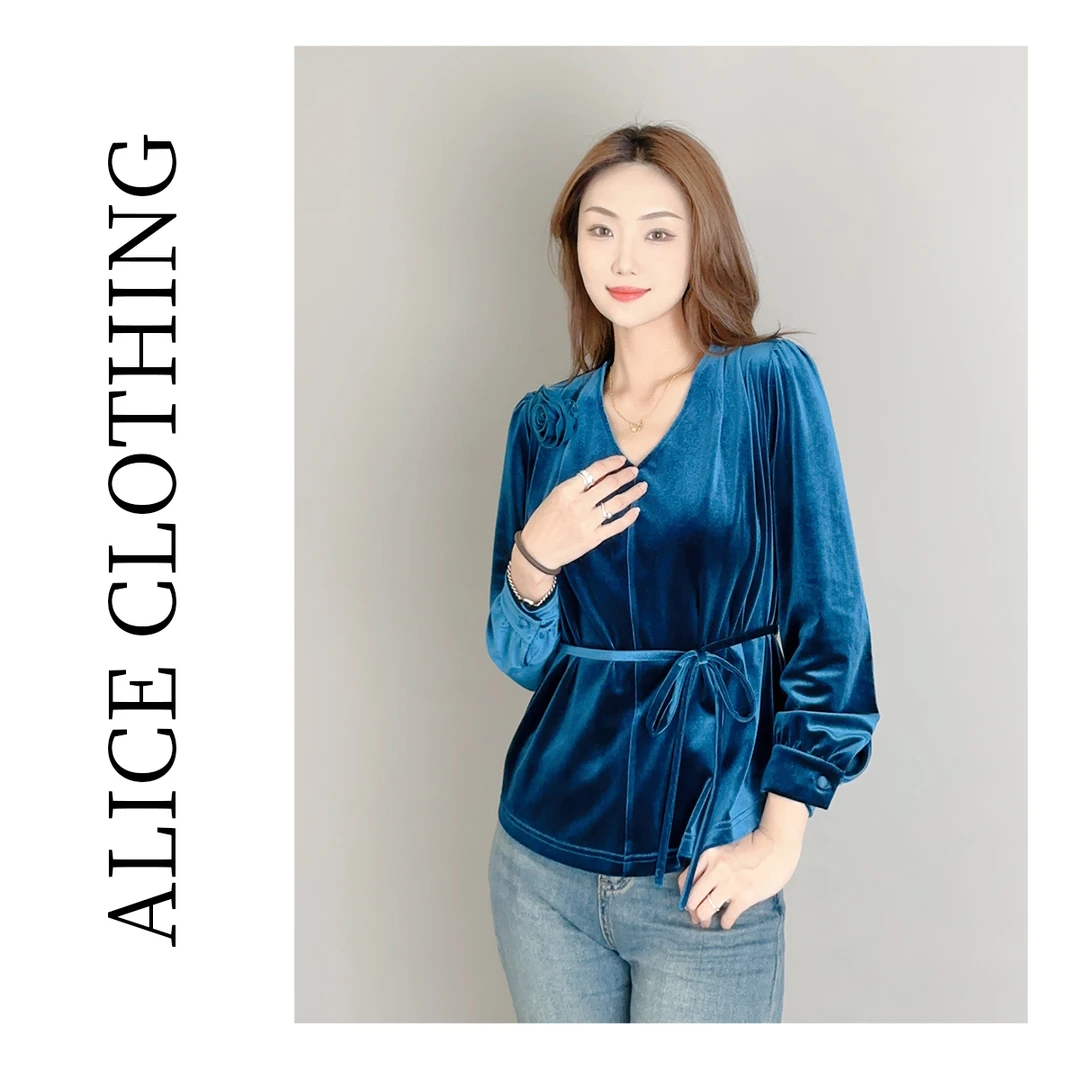 5【ALICE “蓝调之夜”名媛上衣】立体捏花 丝绒光泽 S2135931Q