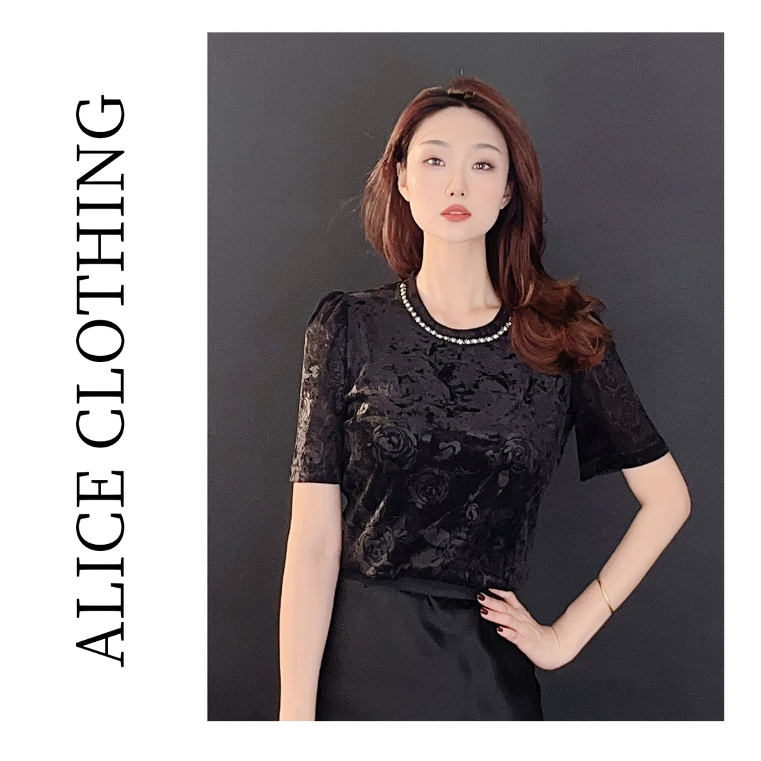 5【ALICE “夜幕玫瑰”优雅上衣】璀璨烫钻 光泽透气 S2137966B