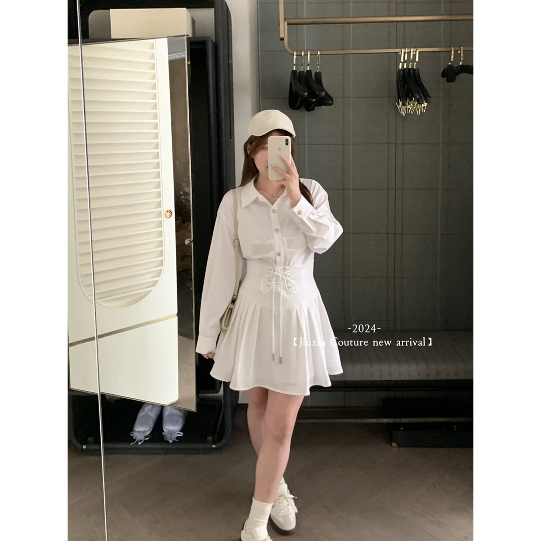 酒心定制9/05新品 月光古着 系带蚂蚁腰压褶长袖衬衫连衣裙