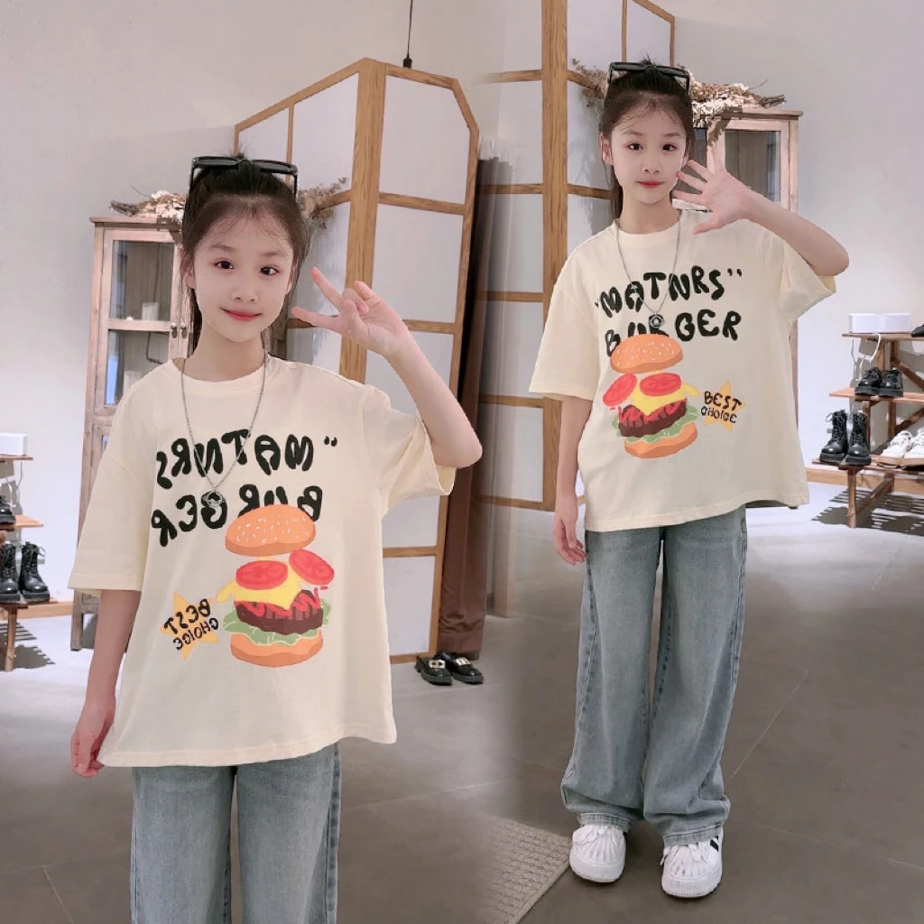 女童短袖T恤套装2024新款大童女孩夏款洋气短袖直筒牛仔裤两件套