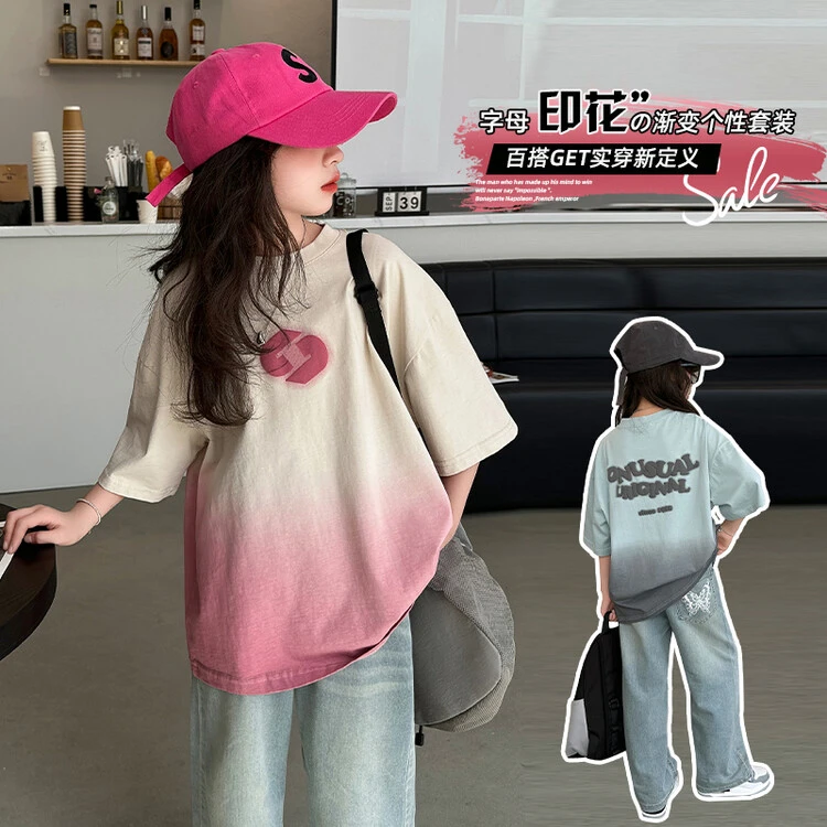 女童夏季套装2025新款扎染短袖T恤中大童时髦百搭牛仔裤两件套潮