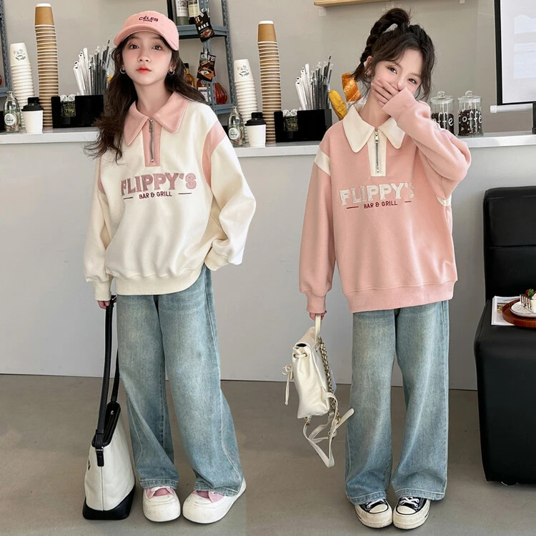 女童春装套装2025新款女大童时髦洋气儿童polo领卫衣牛仔裤两件套