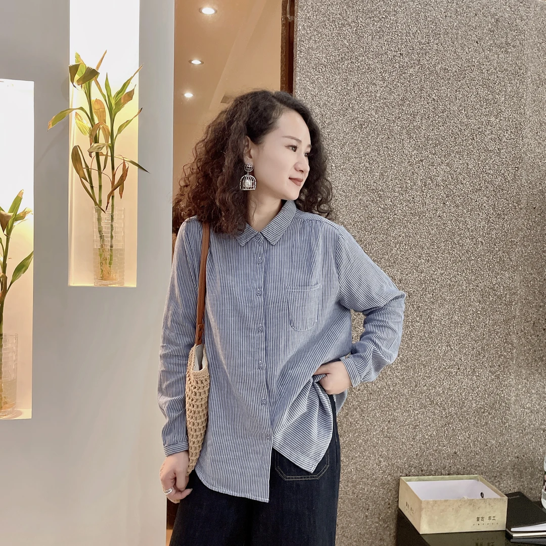 复古纯棉长袖条纹衬衫女2024秋季新款宽松时尚拼色翻领内搭衬衣