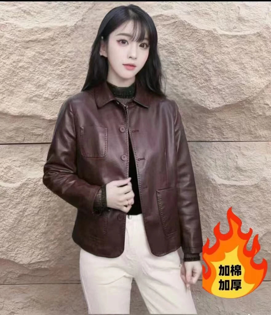 【加绒保暖】海宁正品2024秋冬加绒加厚时尚翻领气质皮衣外套女