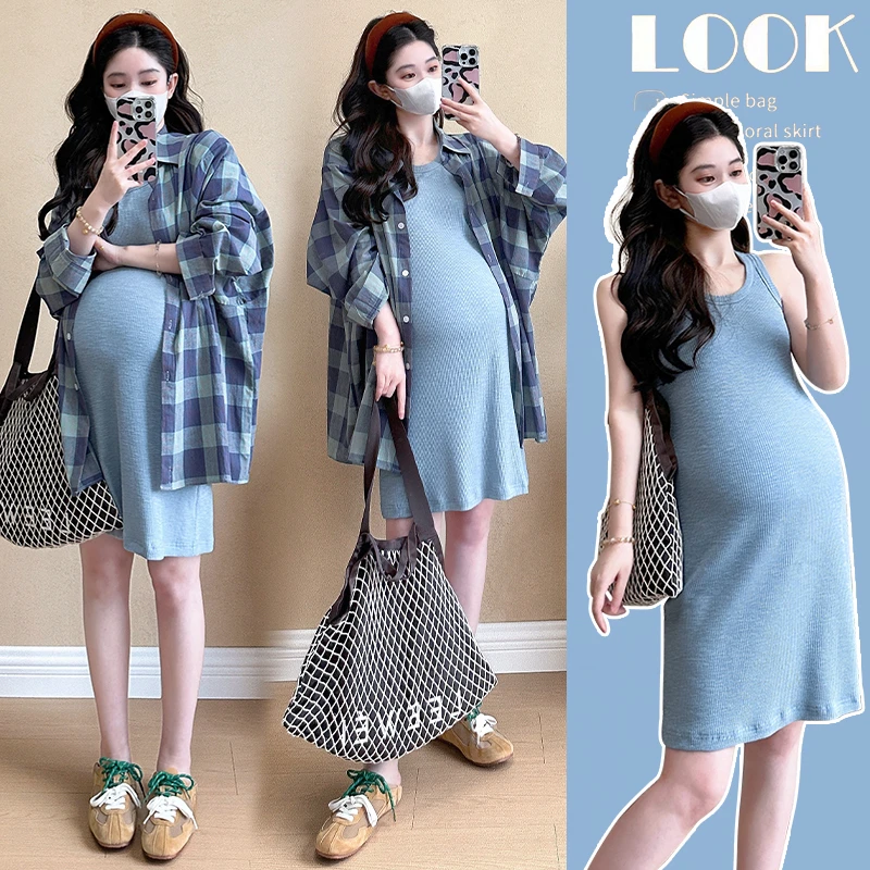 【蕊蕊推荐】孕妇装夏季时尚宽松显瘦甜美减龄吊带裙+防晒格子衬衫