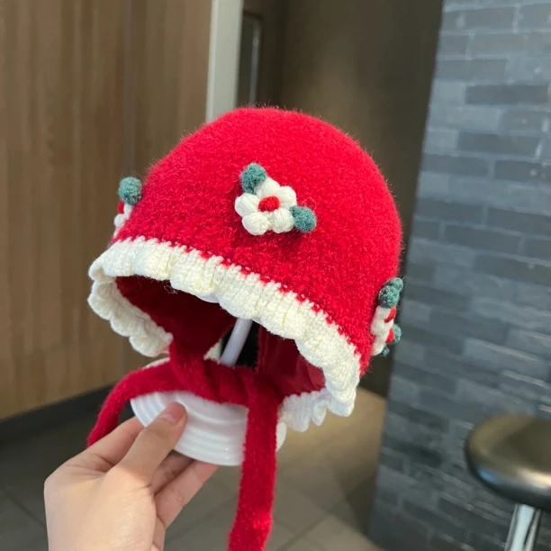 【嘟嘟啦】婴儿帽子秋冬宝宝甜美小花套头帽女童公主护耳针织毛线帽