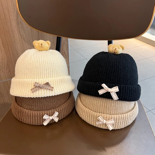 【甜酷小熊】婴儿帽子秋冬外出保暖帽子男女童蝴蝶结小熊针织瓜皮帽