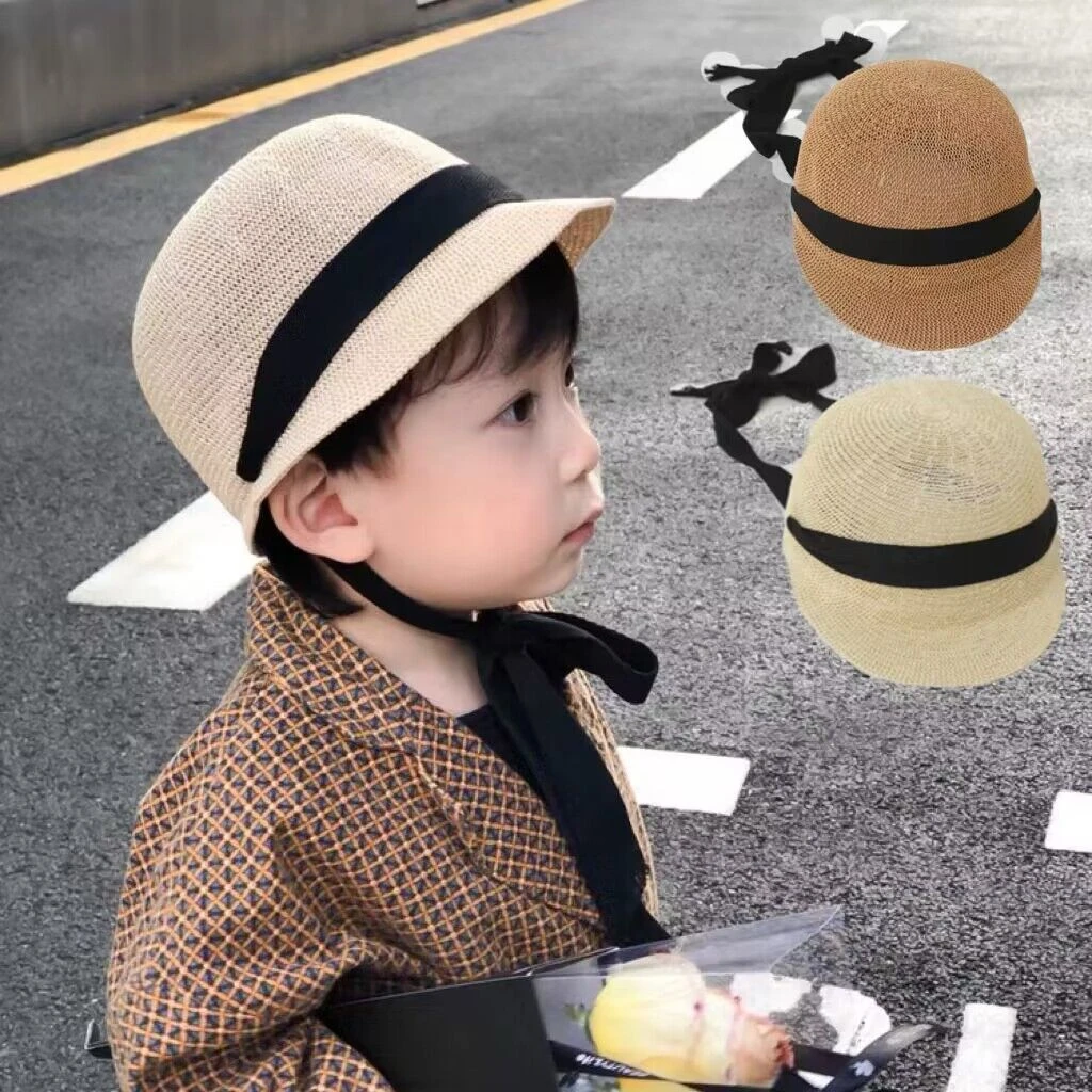 儿童草帽男童女童夏季透气马术帽英伦风绑带短檐宝宝帽子遮阳帽潮