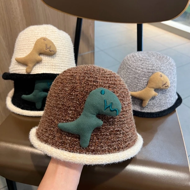 【一眼沦陷】日系秋冬儿童帽子可爱小恐龙保暖针织水桶帽洋气渔夫帽