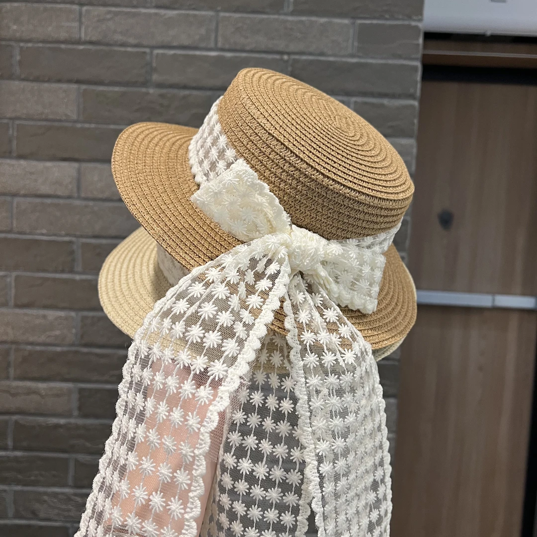 亲子款平顶草帽女新款遮阳防晒蕾丝蝴蝶结飘带户外度假出游沙滩帽