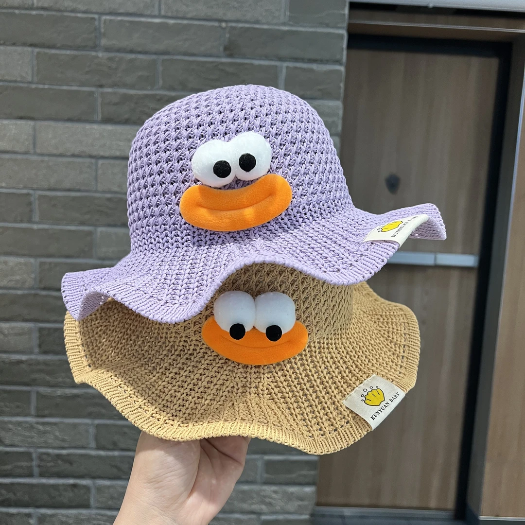 儿童草帽夏季薄款渔夫帽男女童超萌搞怪遮阳帽宝宝大檐遮阳草帽潮