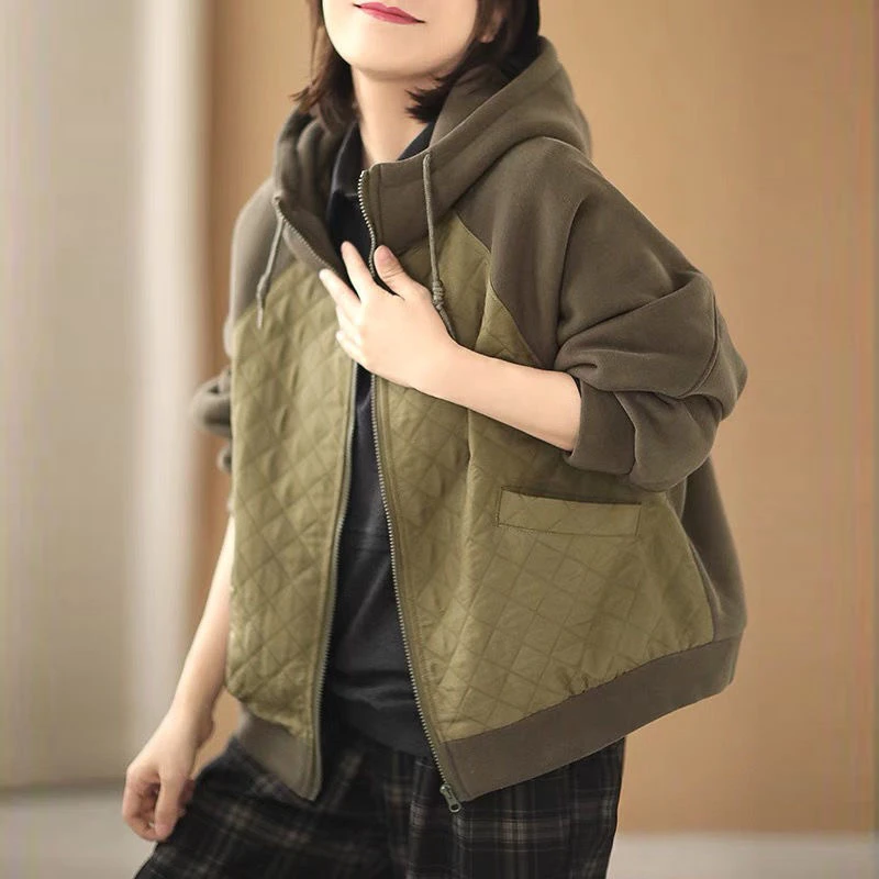 2024春秋新款文艺休闲宽松菱形格子拼接夹克上衣女连帽卫衣短外套