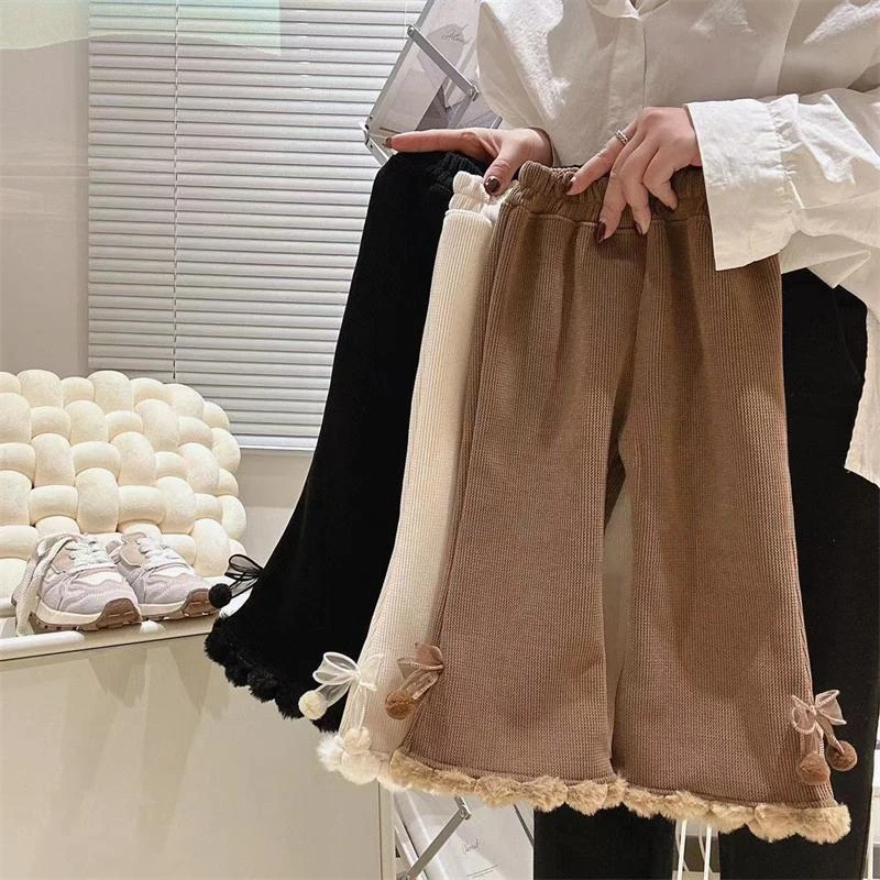 女童小毛球蝴蝶结阔腿裤冬季2023新款女宝宝休闲花边阔腿裤直筒裤