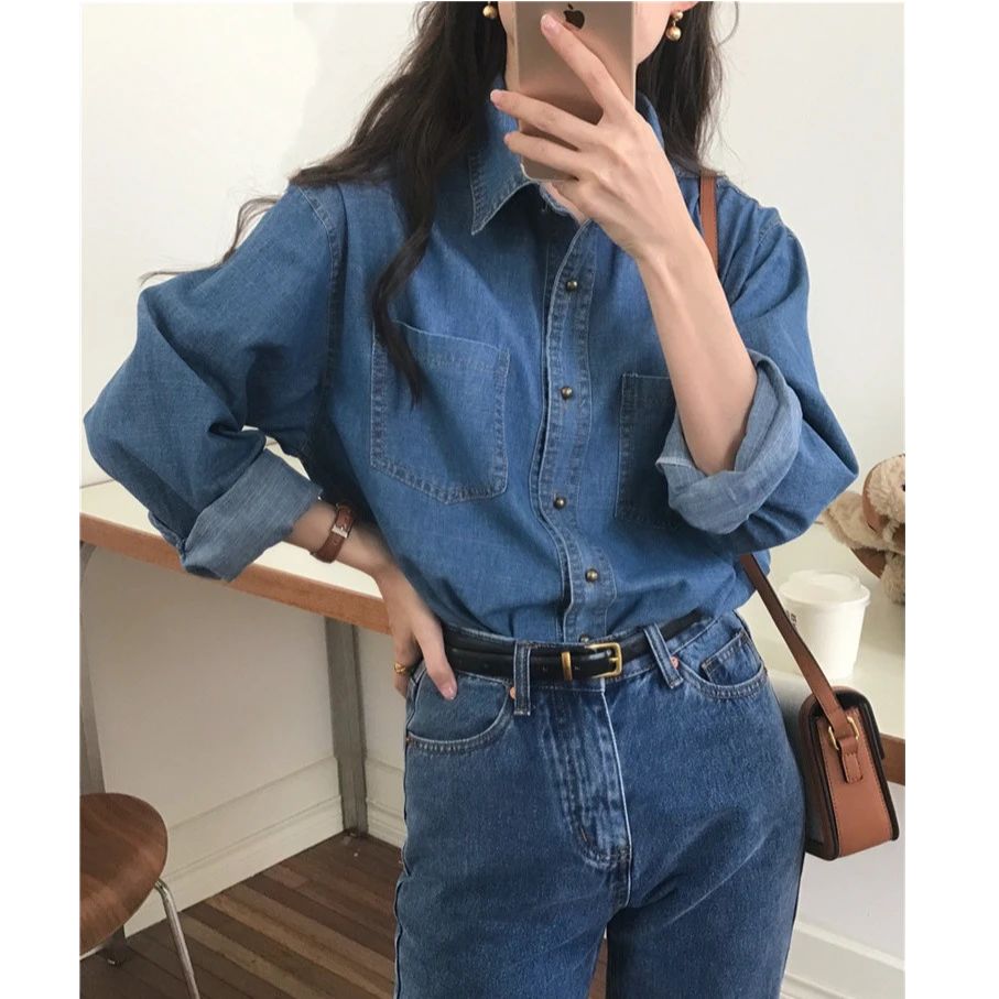 小金扣复古正肩通勤叠穿水洗牛仔衬衫