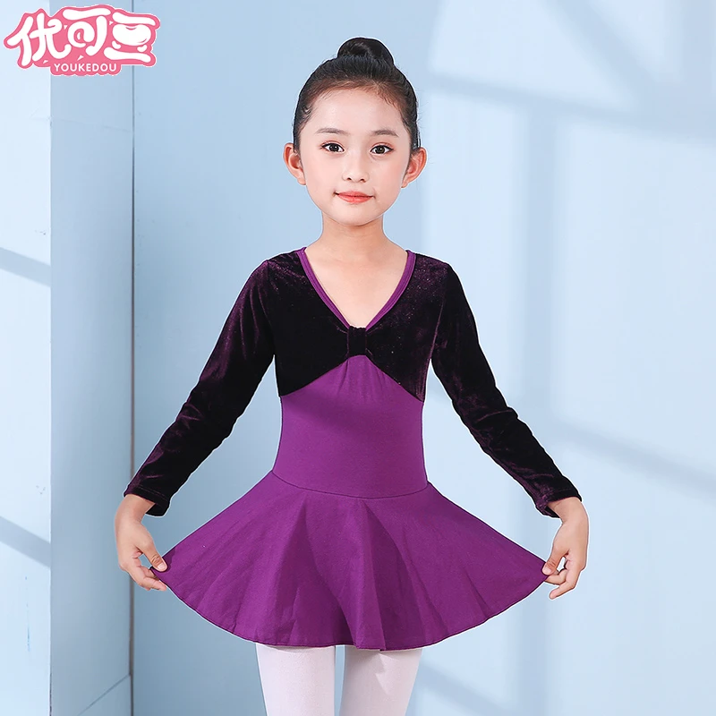 儿童舞蹈服秋冬少儿连体服紫色幼儿跳舞裙中国女童芭蕾练功服长袖