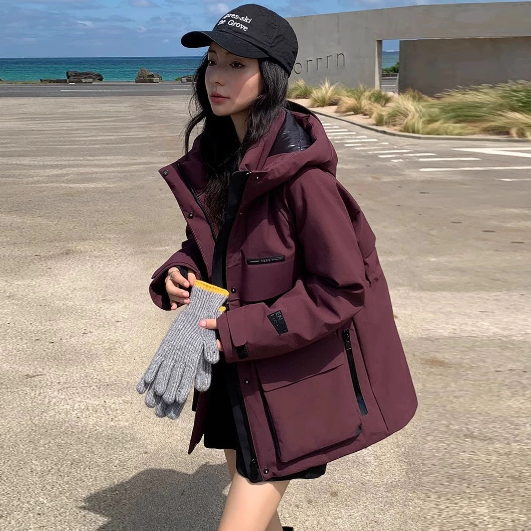 羽绒服女2024冬新品中长款立领连帽收腰时尚百搭加厚工装派克服女