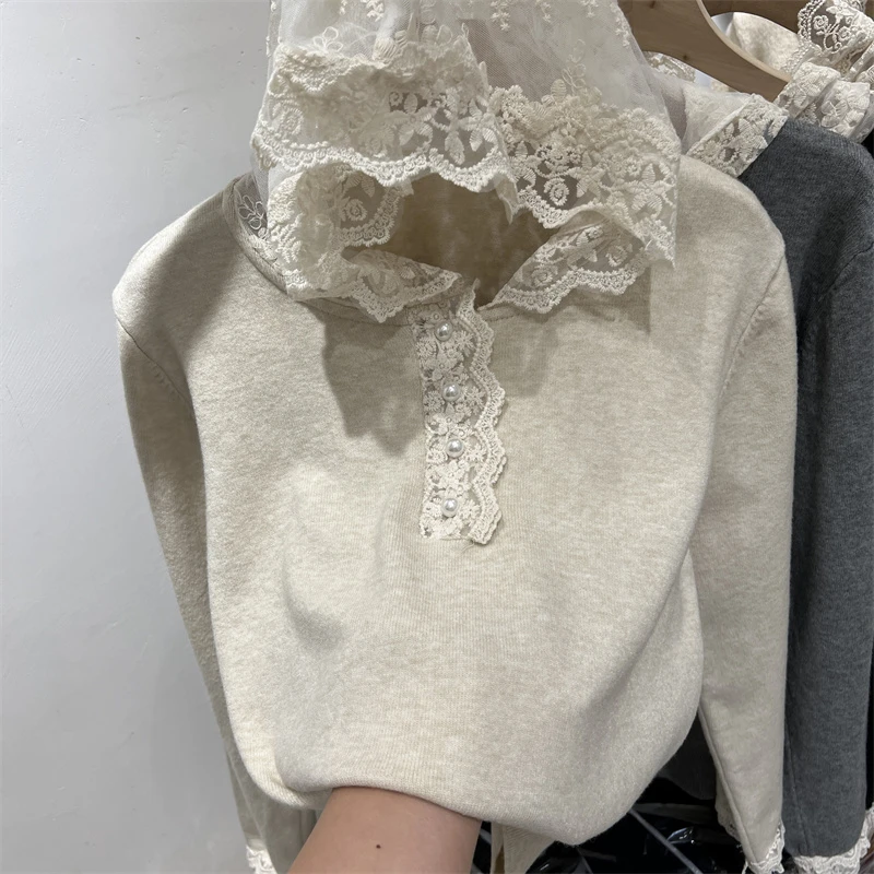 设计感甜美蕾丝拼接连帽长袖针织衫女毛衣2024秋装新款打底衫上衣
