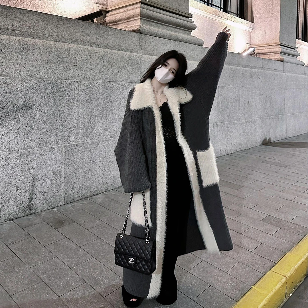 毛领过膝长款拼接毛毛高级感开衫毛衣秋冬宽松慵懒风外套加厚
