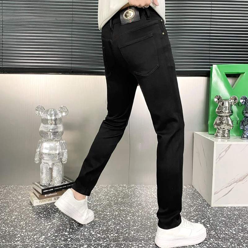 欧版黑色牛仔裤男春秋厚款高档休闲弹力修身小直筒男士牛仔长裤子