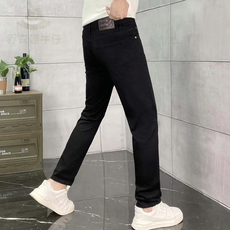 2025夏季薄款牛仔裤男款纯黑色中腰弹力修身小直筒百搭男士长裤
