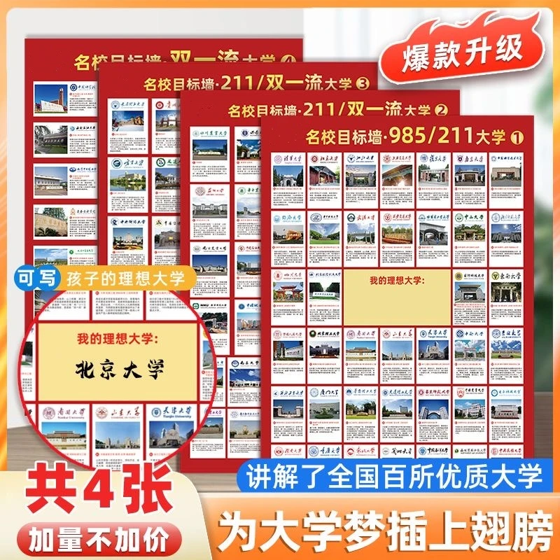 【到手4张】新升级加厚覆膜防水名校目标墙贴双一流国内名校