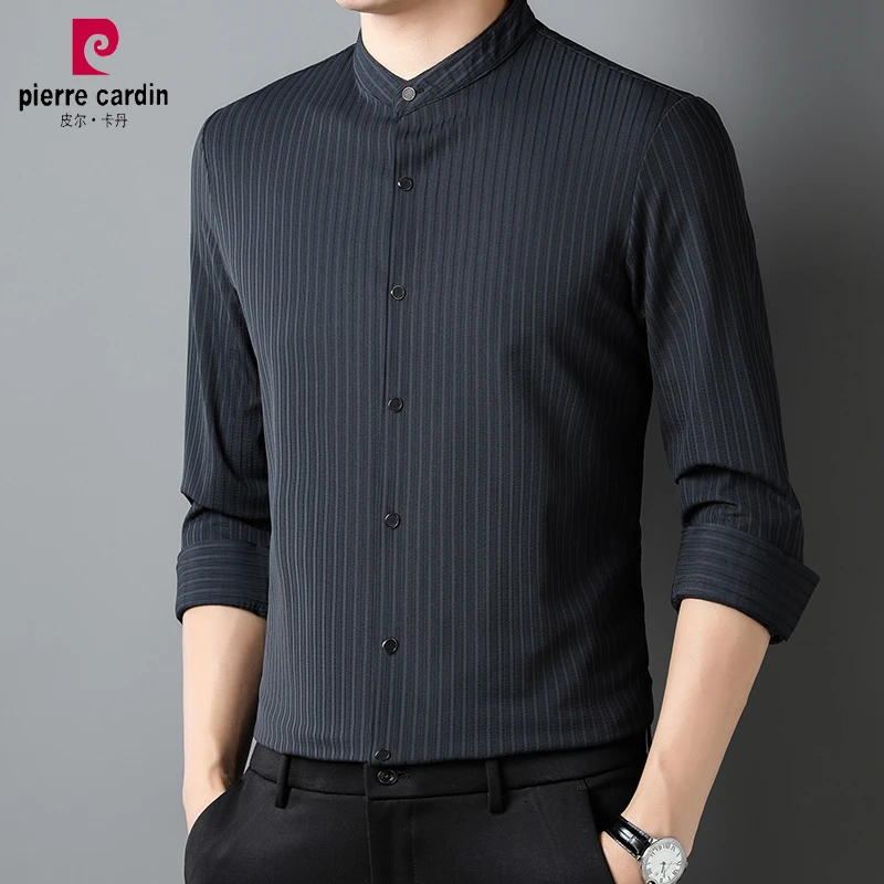 皮尔卡丹修身男长袖立领竖条纹衬衣商务休闲上衣时尚百搭无痕衬衫