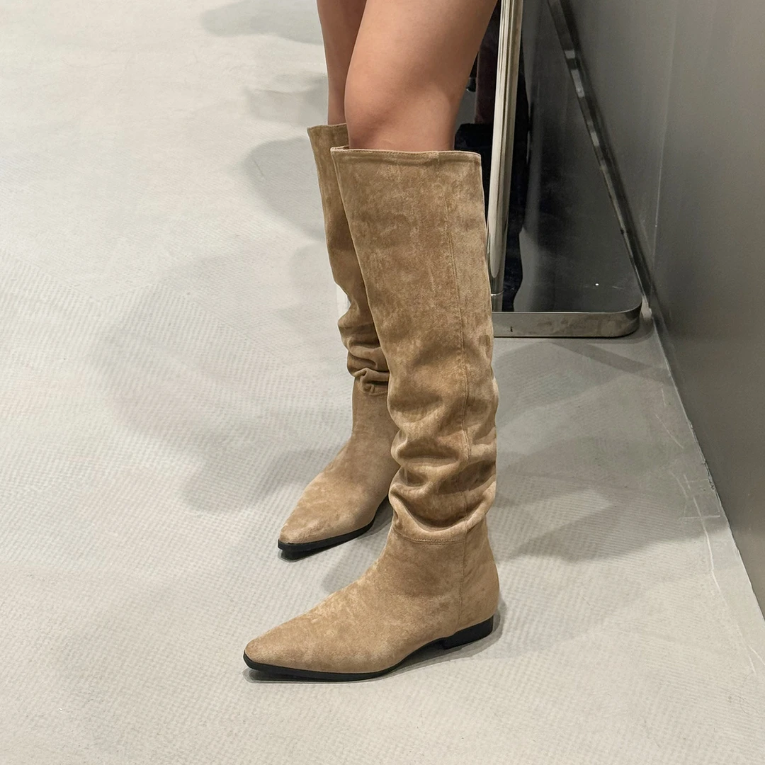 2024秋冬新款小众轻奢绒面粗跟尖头过膝靴堆堆靴长靴女