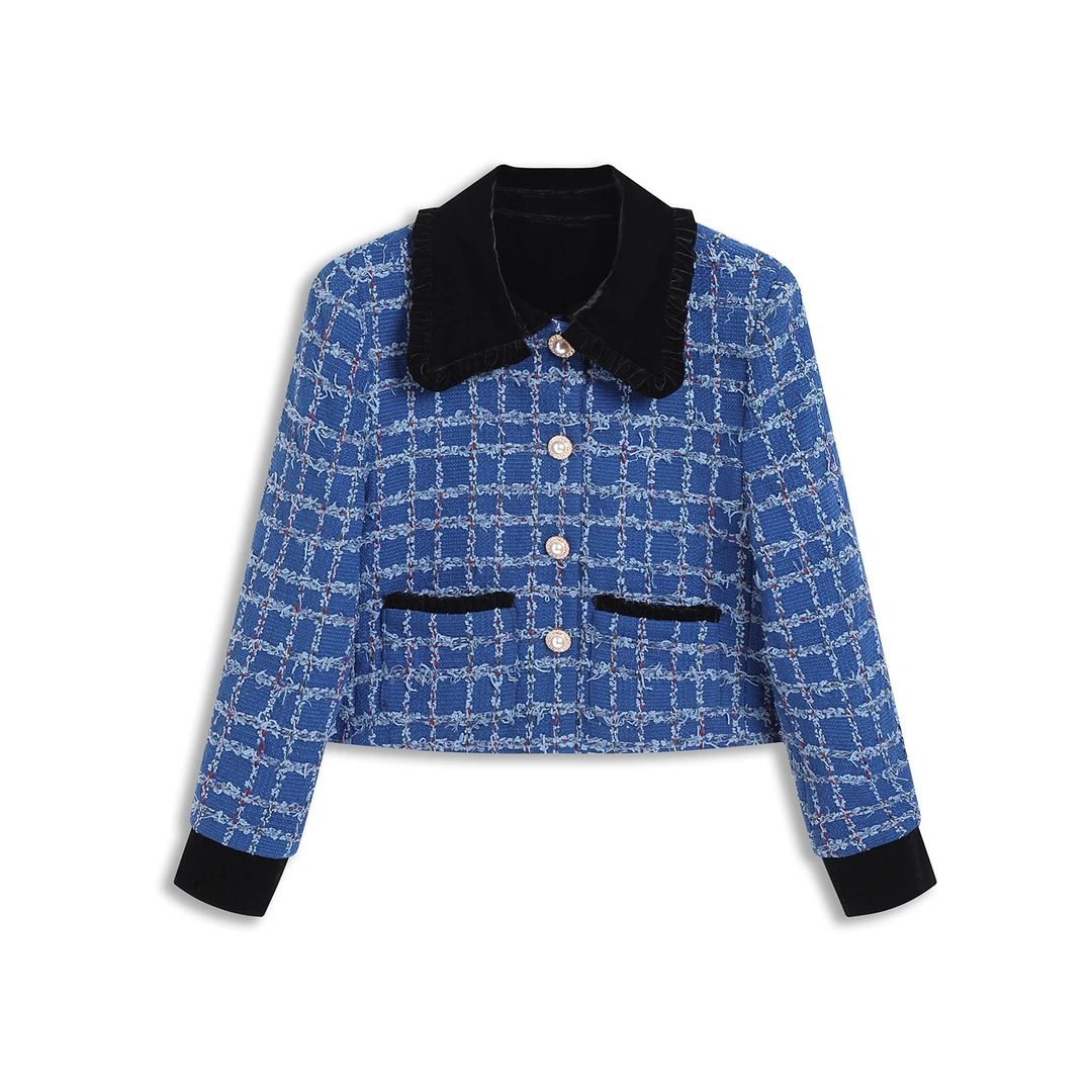 蓝色之恋 早春新款精致小香风外套撞色丝绒时装百搭名媛气质上衣