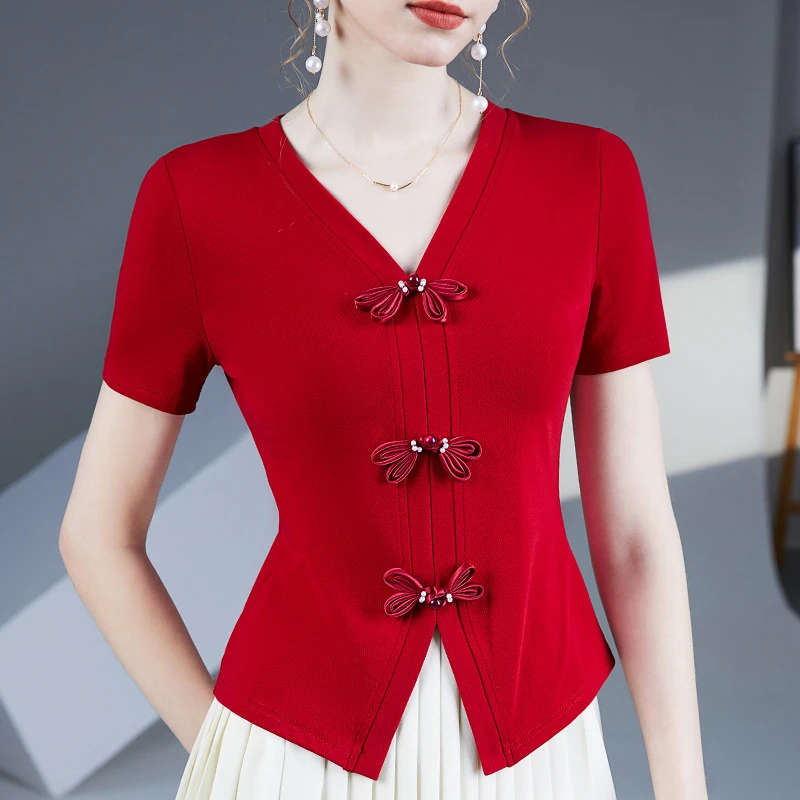 新中式V领短袖棉T恤女2025夏季新款时尚小衫蝴蝶结盘扣女百搭上衣